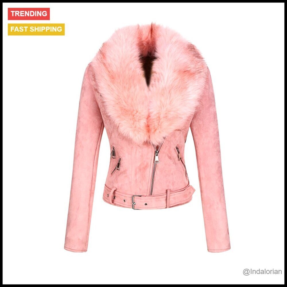 Women's Faux Leather Moto Jacket Sherpa Lined Removable Belt Winter Coat